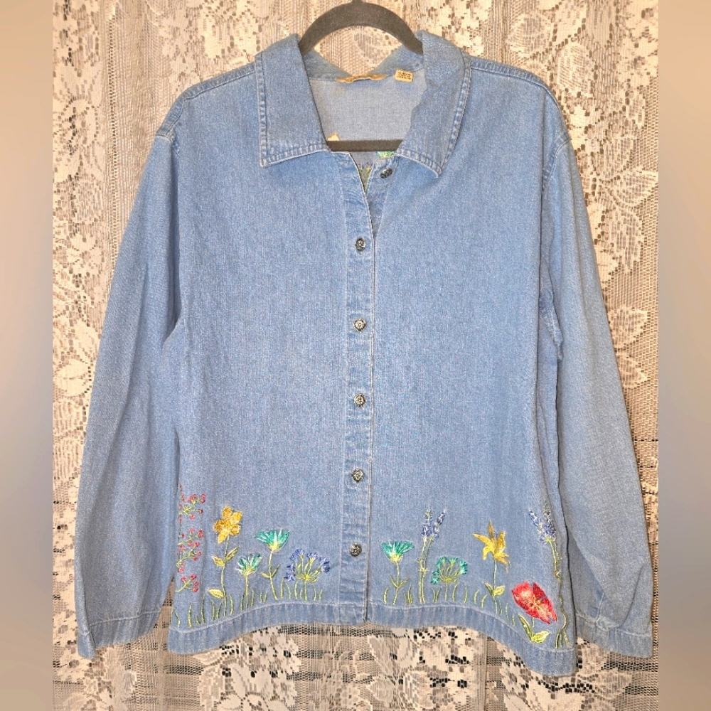 Bechamel, Vintage Embroidered Denim Button-Up Shirt, Floral, Longsleeve, XL